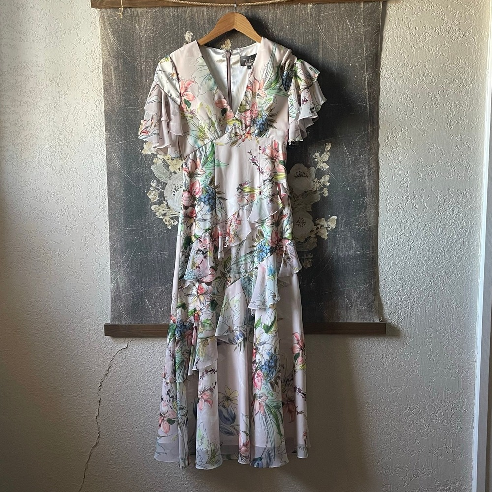 Theia Floral Ruffle Midi Dress‎ Blush Pink Size 0 - Picture 6 of 10